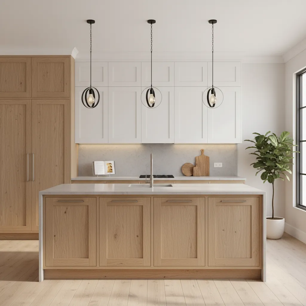 Kitchen combining shaker base cabinets with slab upper cabinets