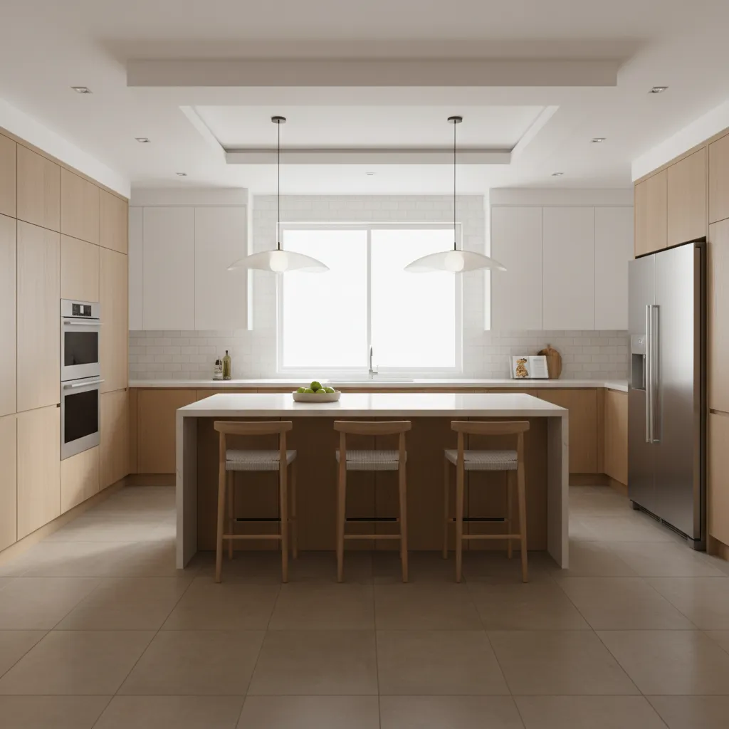 Modern kitchen with warm neutral flooring trend and natural light
