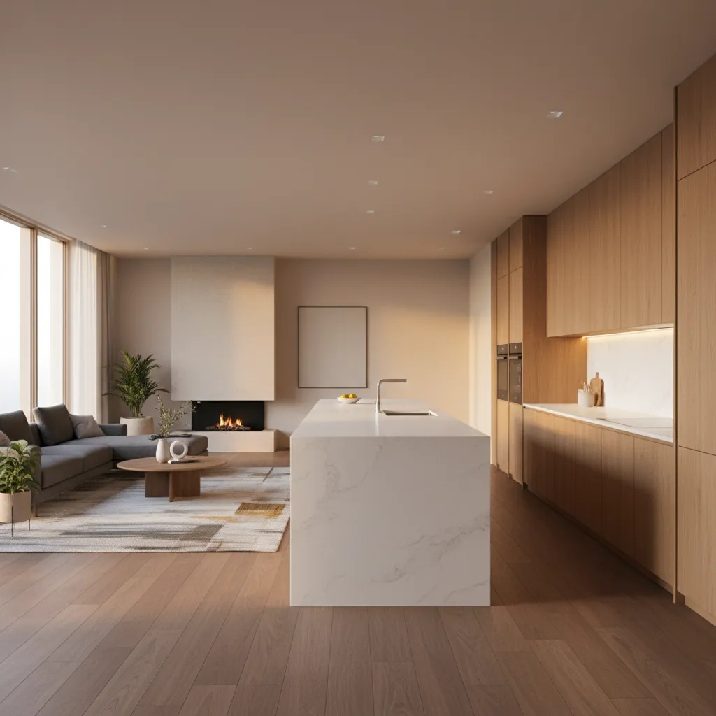 Cocina moderna abierta conectada con el salón en una casa de una planta