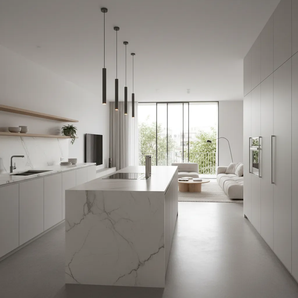 Cocina moderna con isla central integrada al salón