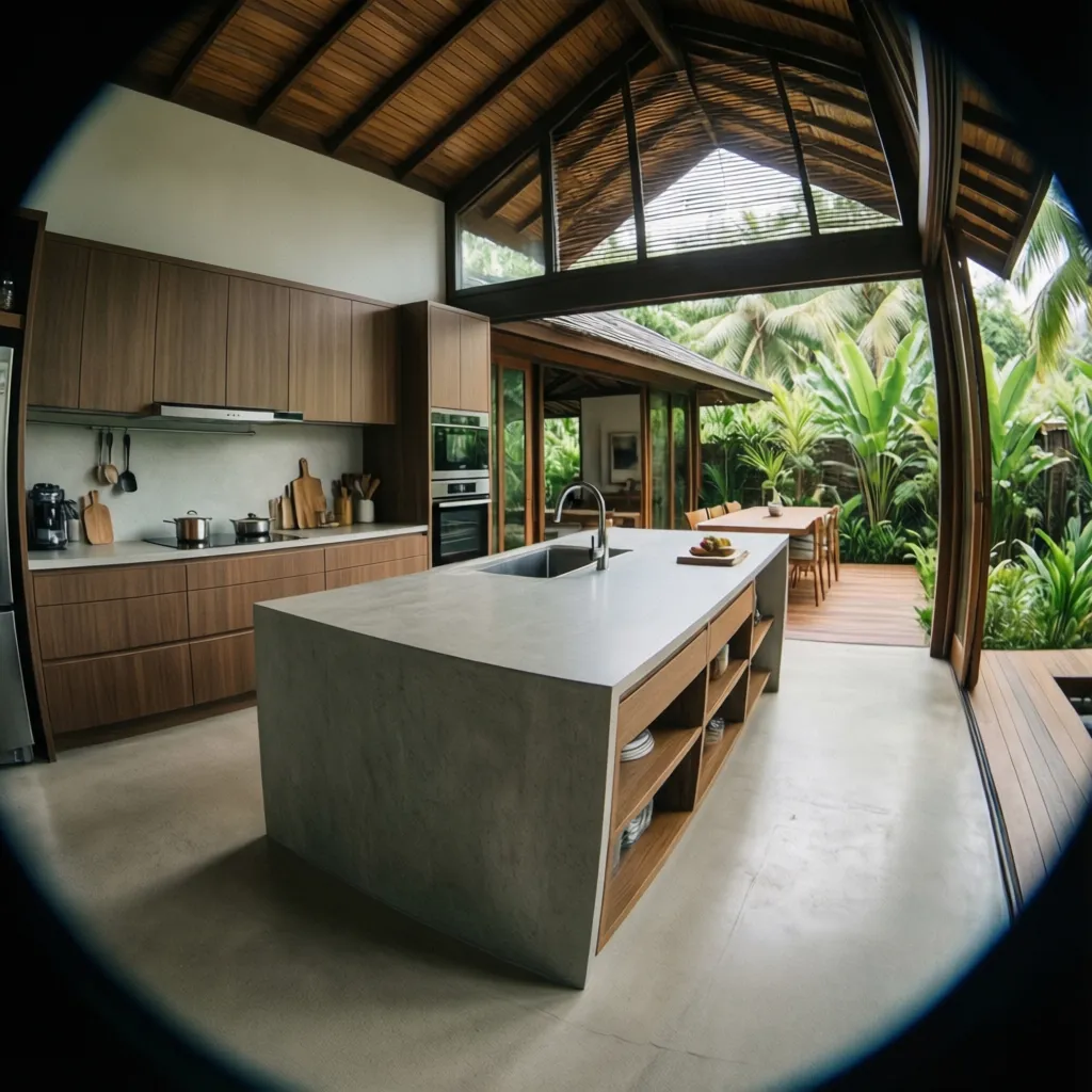 Cocina moderna abierta conectada al comedor