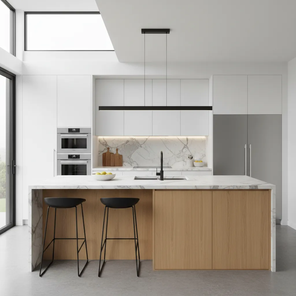 Cocina moderna abierta con isla central y diseño minimalista