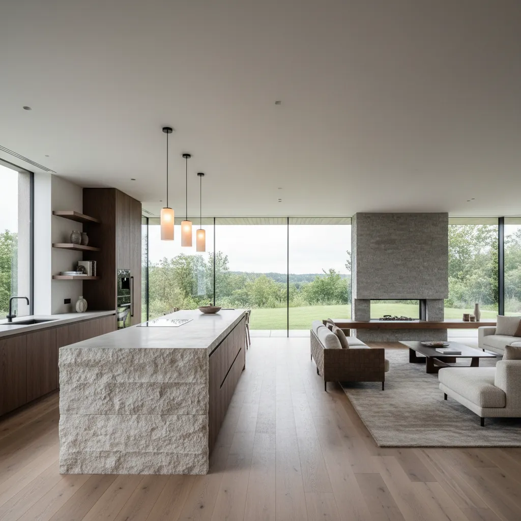 Cocina moderna integrada en salón con diseño abierto