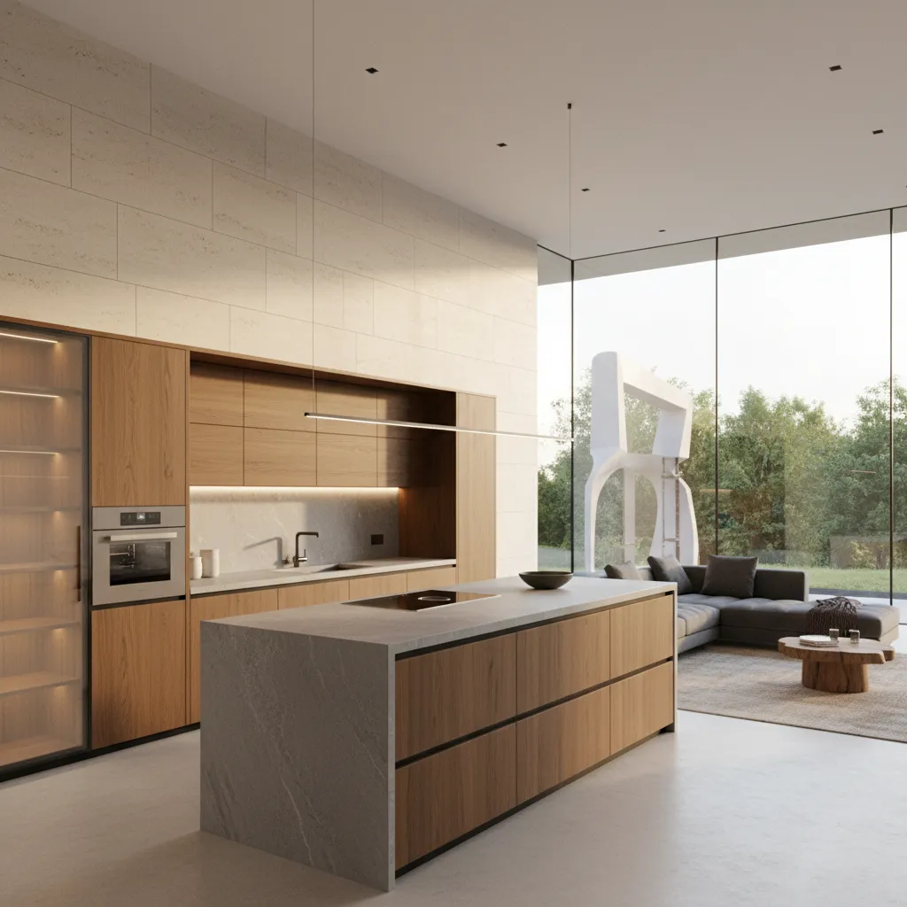 Cocina moderna integrada con salón en casa contemporánea