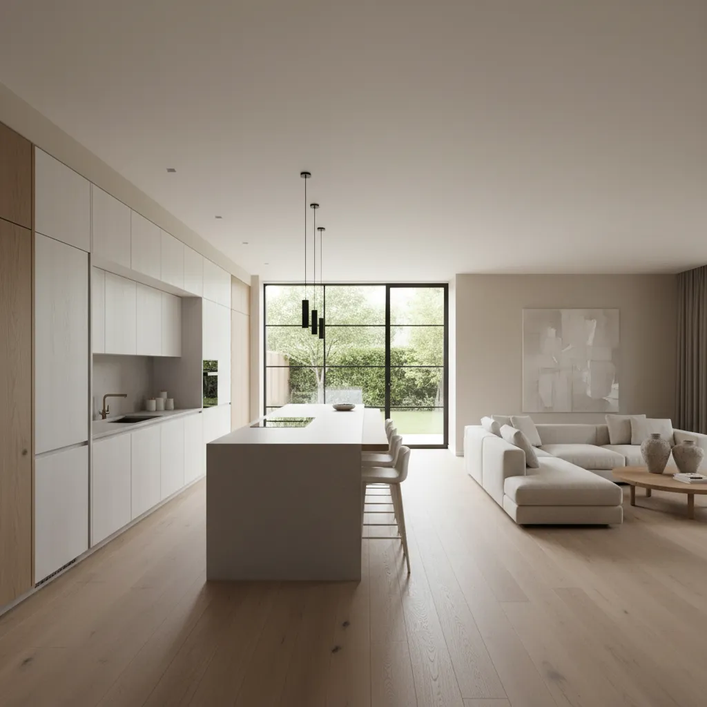 Cocina moderna abierta conectada con el salón