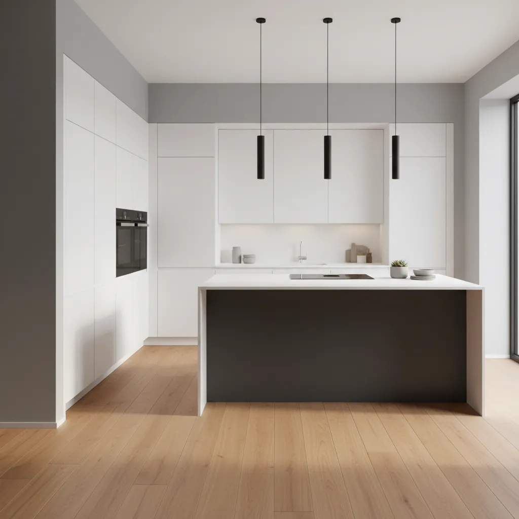 Cocina moderna con paredes gris suave y muebles blancos