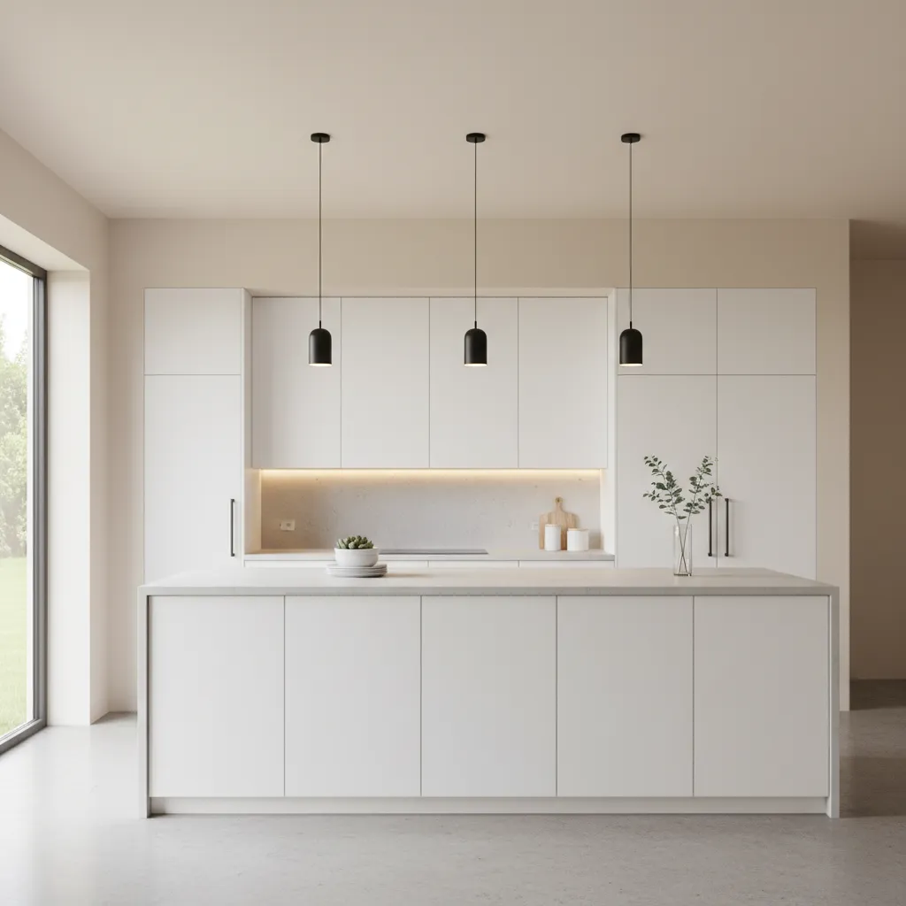 Contemporary kitchen with satin painted walls and natural lighting