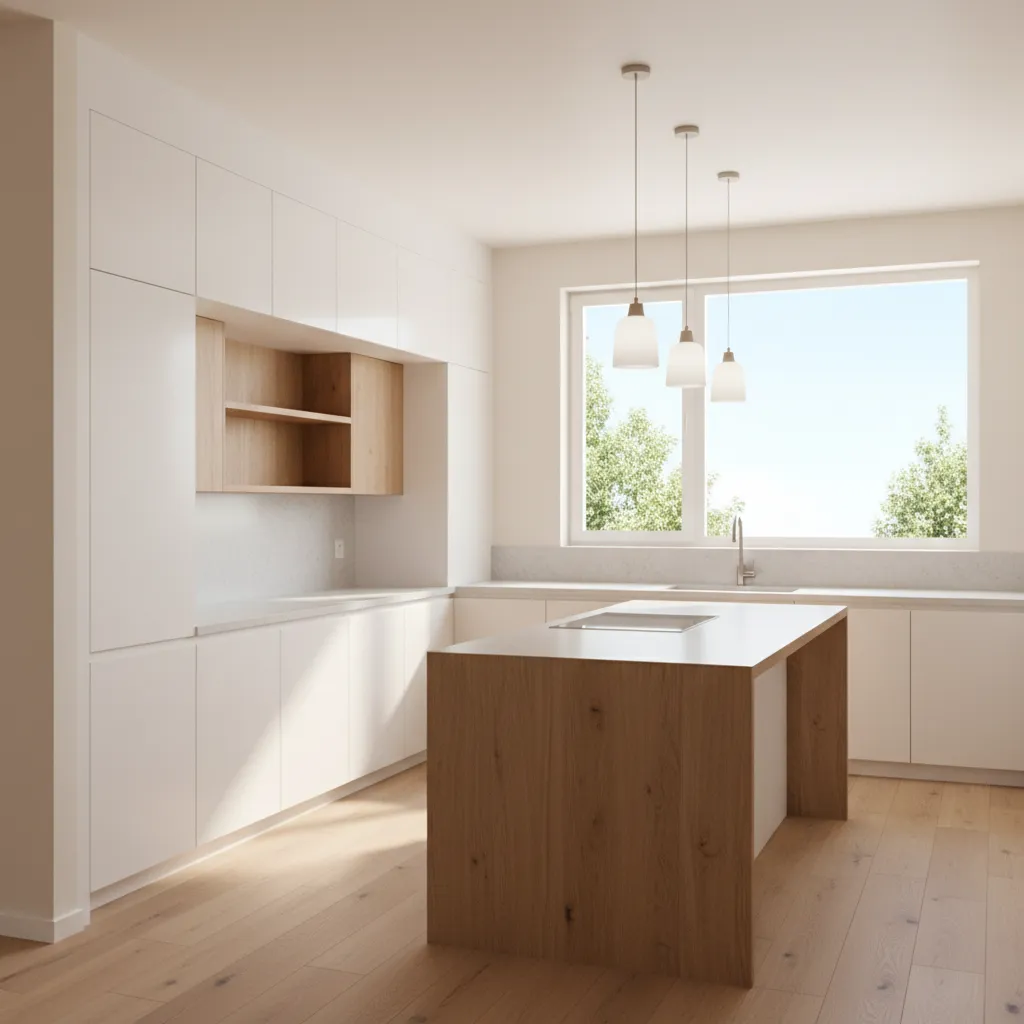 Bright kitchen with satin finish painted walls and natural lighting