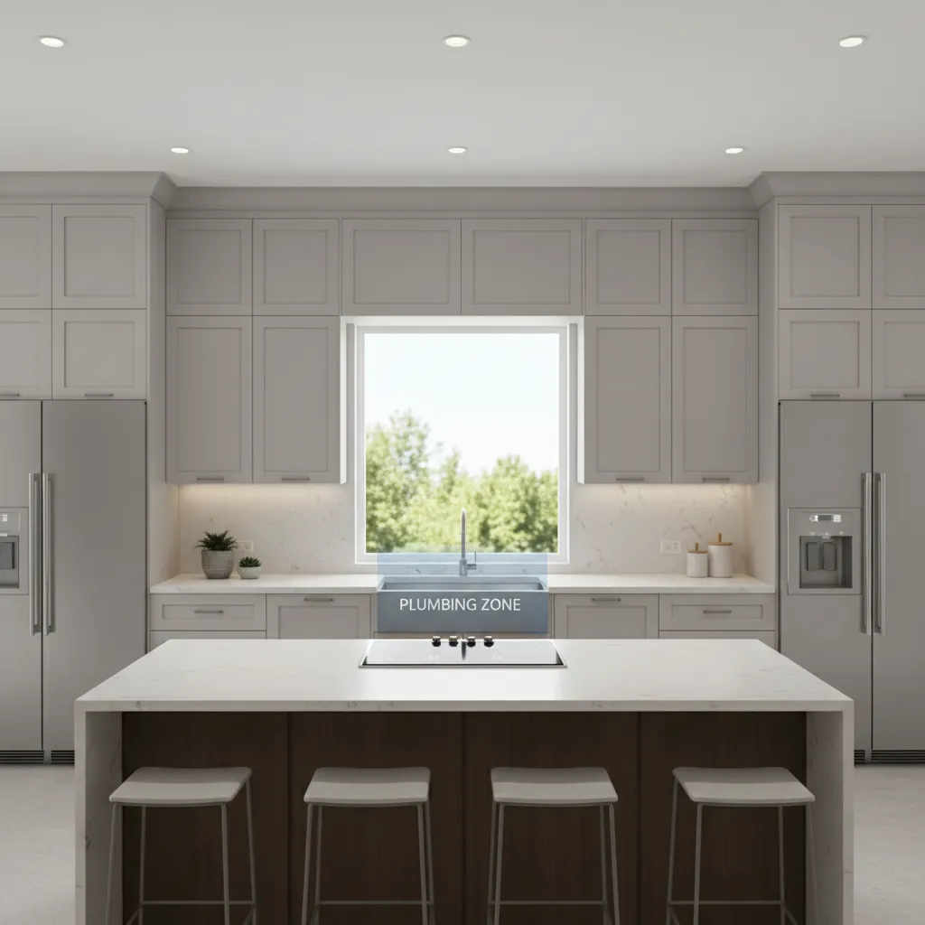 Modern kitchen layout showing sink placement and plumbing zone