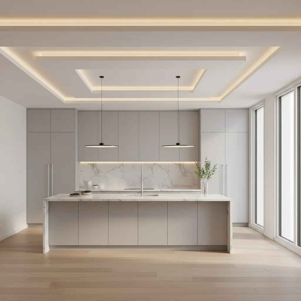 kitchen with modern pop plus minus ceiling and hidden LED lights