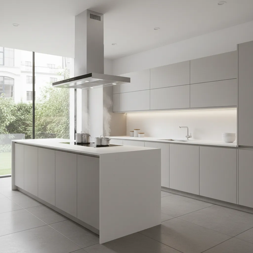 modern kitchen with powerful range hood ventilation system