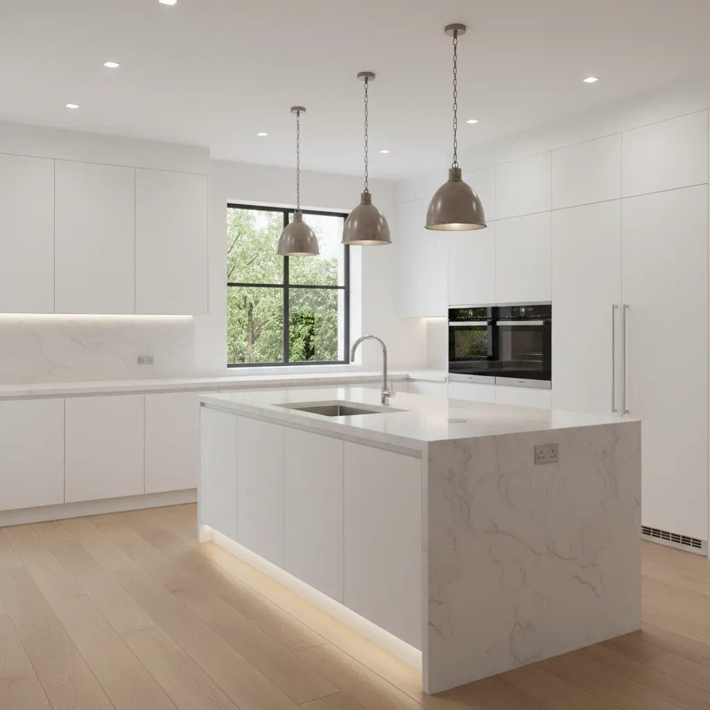 Modern kitchen illuminated by recessed pot lights and pendant lighting