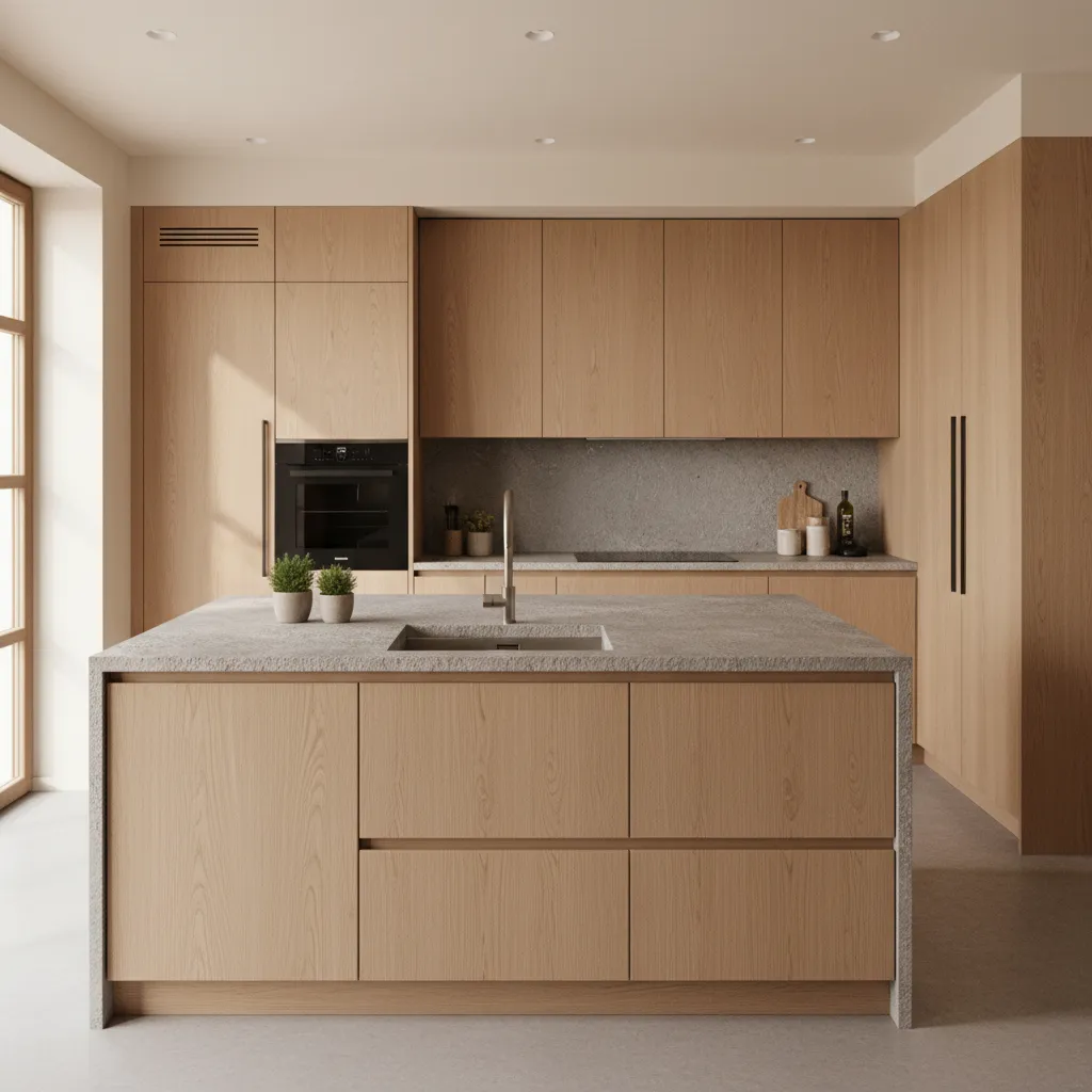 Contemporary kitchen remodel with natural wood cabinets and large island