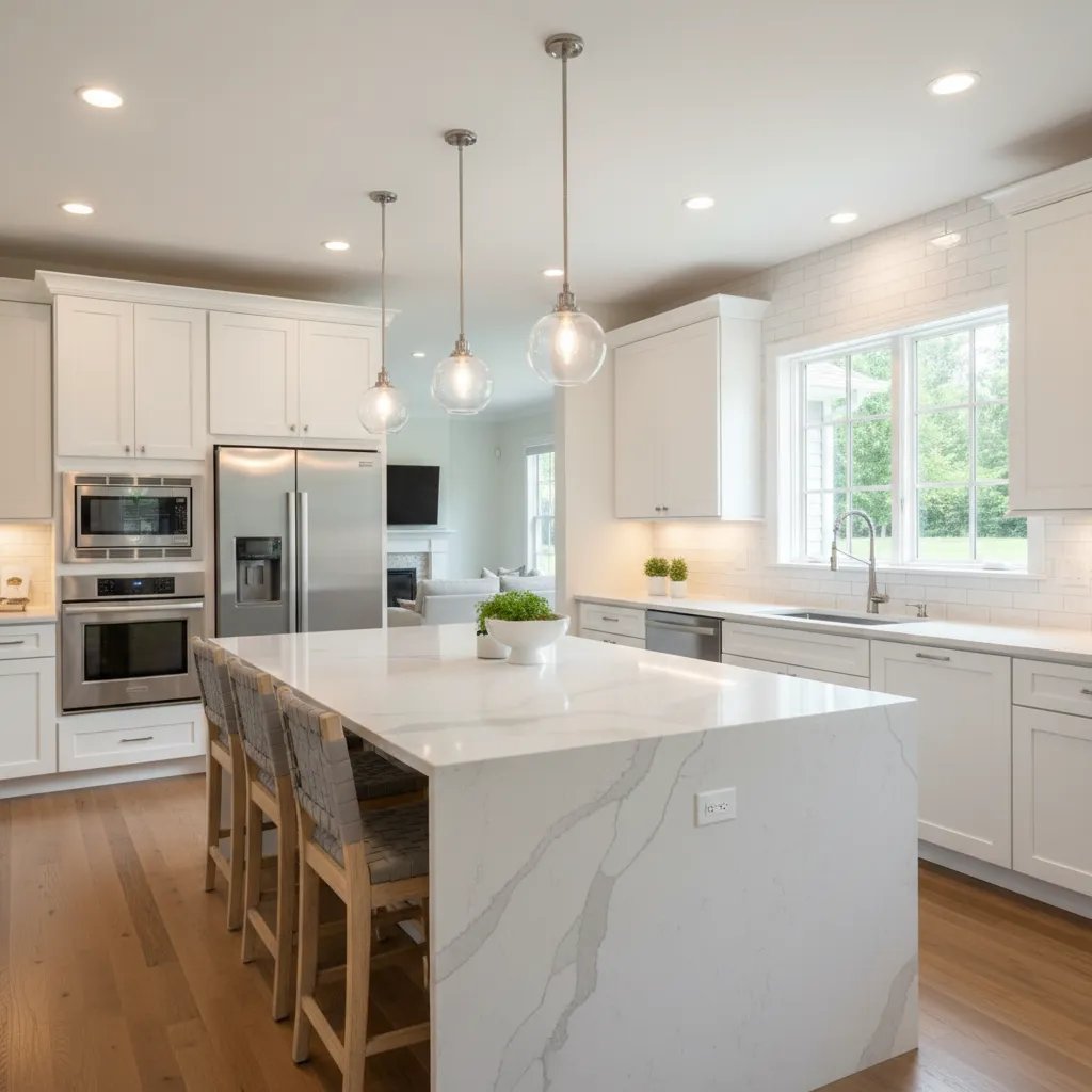 bright modern kitchen remodel with white cabinets island and natural lighting