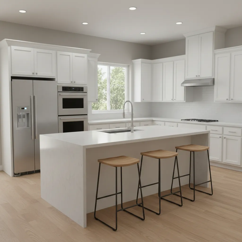 Example of a modern kitchen remodel with island seating and updated cabinetry