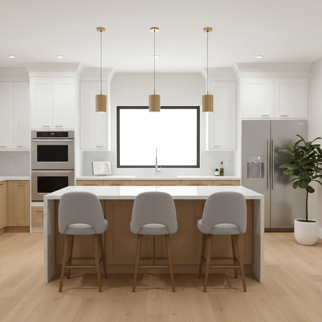 bright modern kitchen remodel with island cabinets and pendant lighting