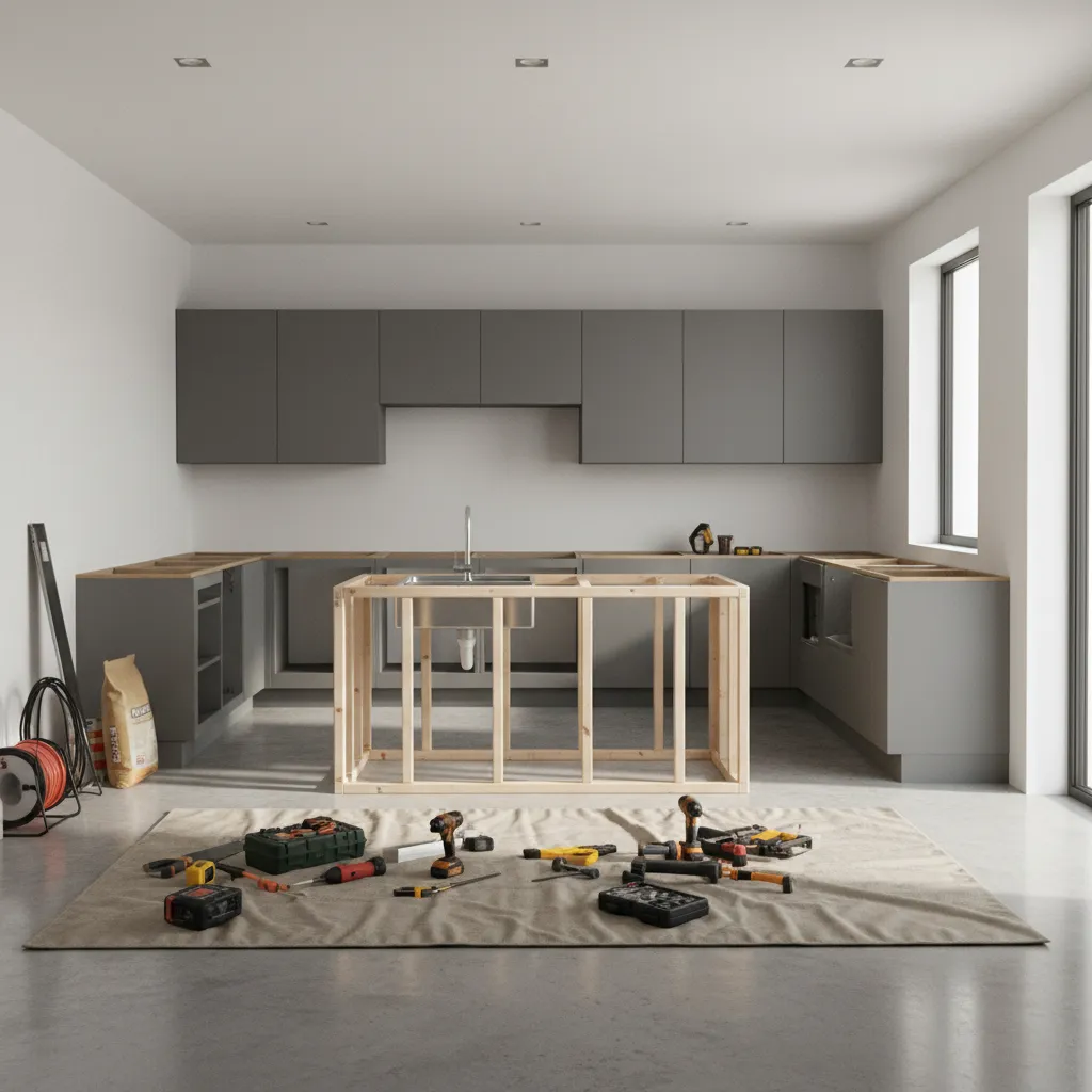 Modern kitchen remodel in progress with cabinets and island installed
