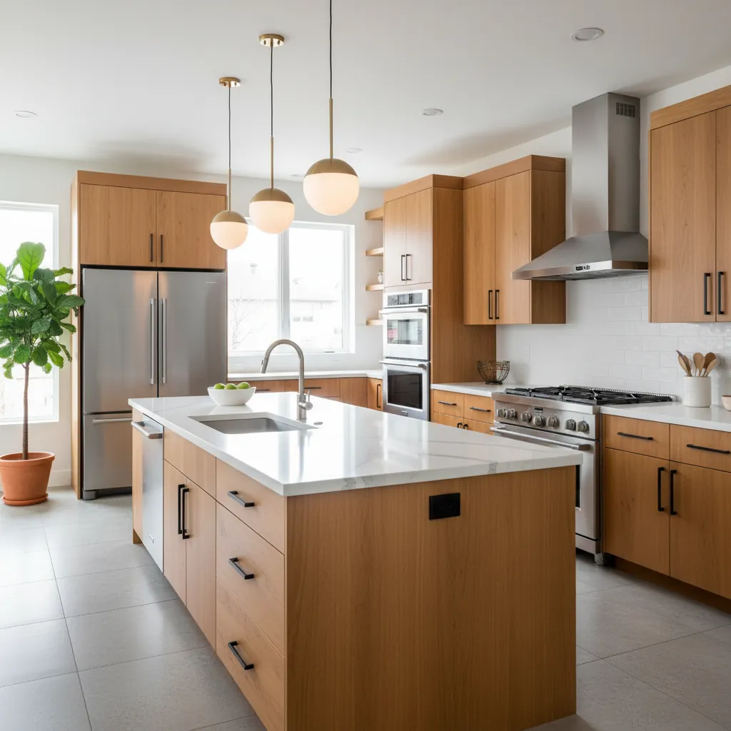 Completed modern kitchen remodel with island cabinets and pendant lighting