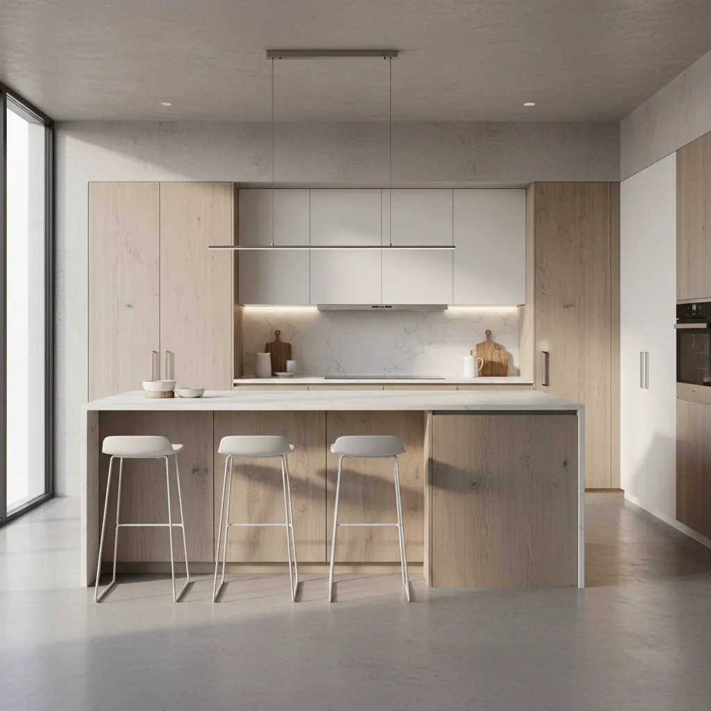 Realistic 3D visualization of a modern kitchen remodel layout with island and cabinets