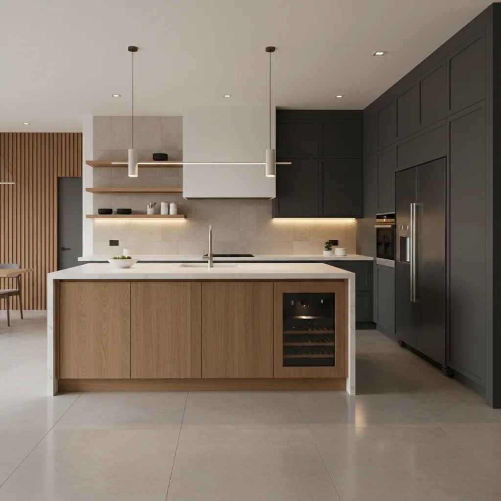 completed modern kitchen renovation with island and custom cabinets