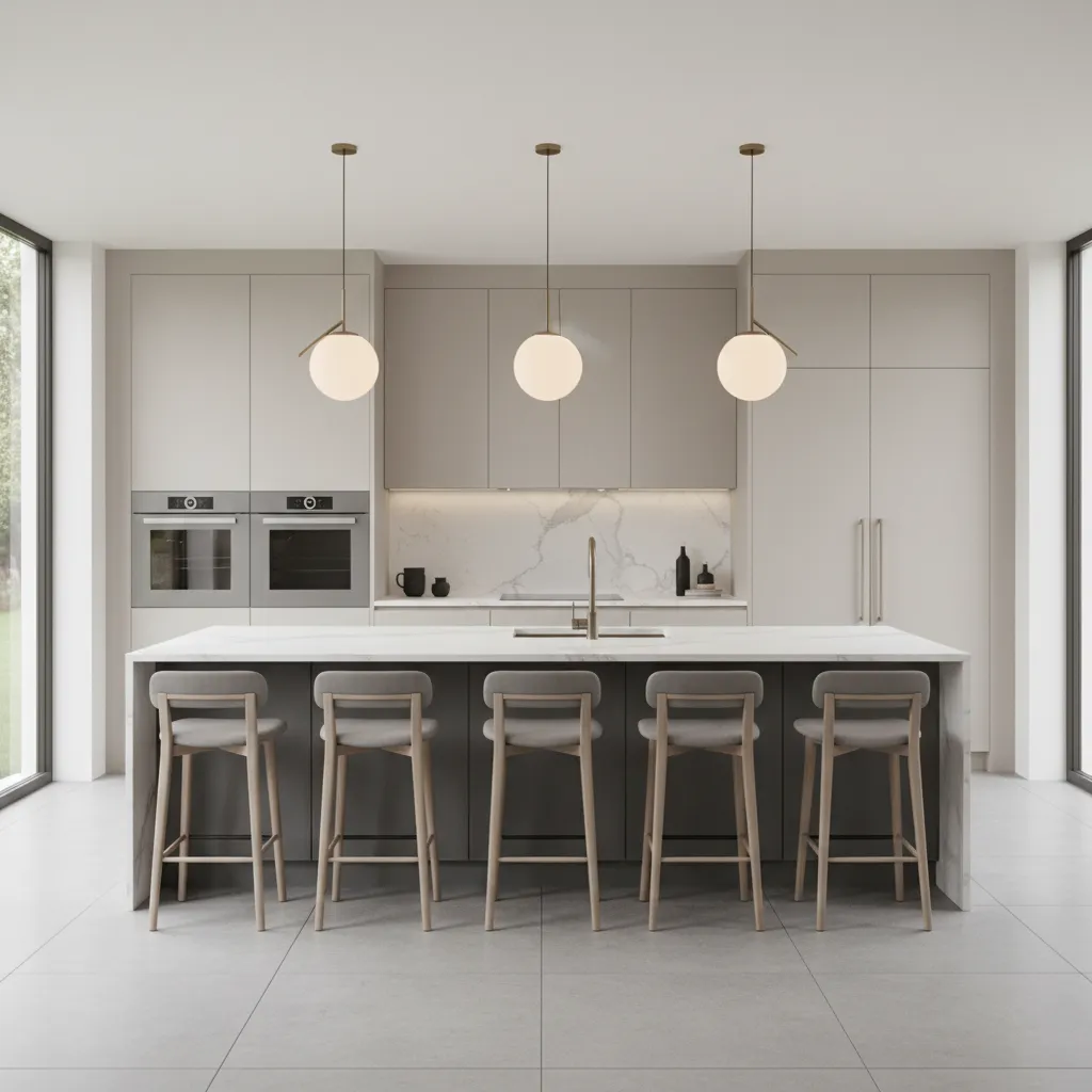 finished modern kitchen renovation with island cabinets and lighting