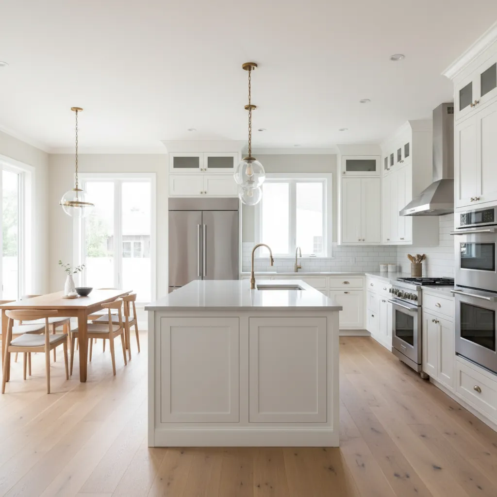 modern renovated kitchen with island cabinets quartz countertop and pendant lighting