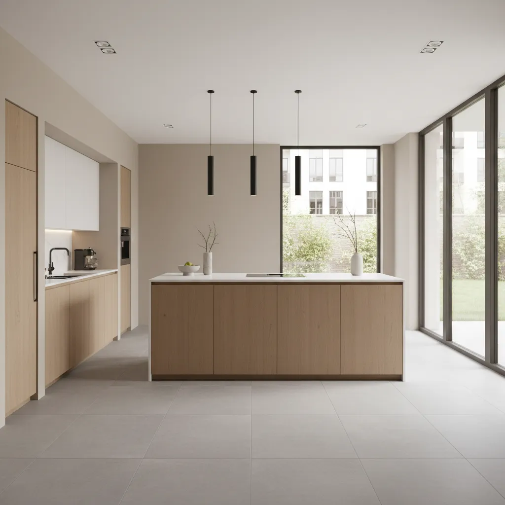 Modern kitchen with seamless large tile flooring and minimal grout lines