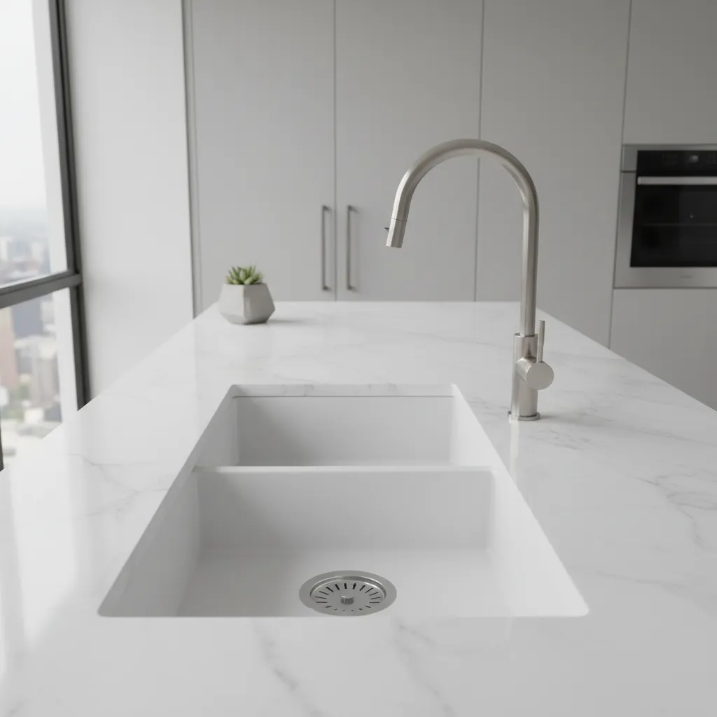 Clean modern kitchen sink with clear drain after maintenance
