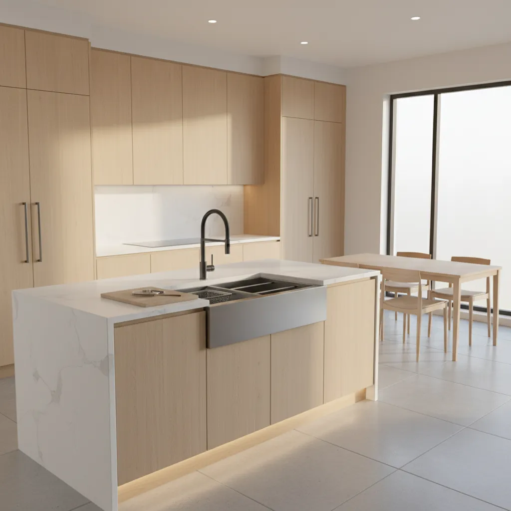 finished modern kitchen with new sink faucet and countertop