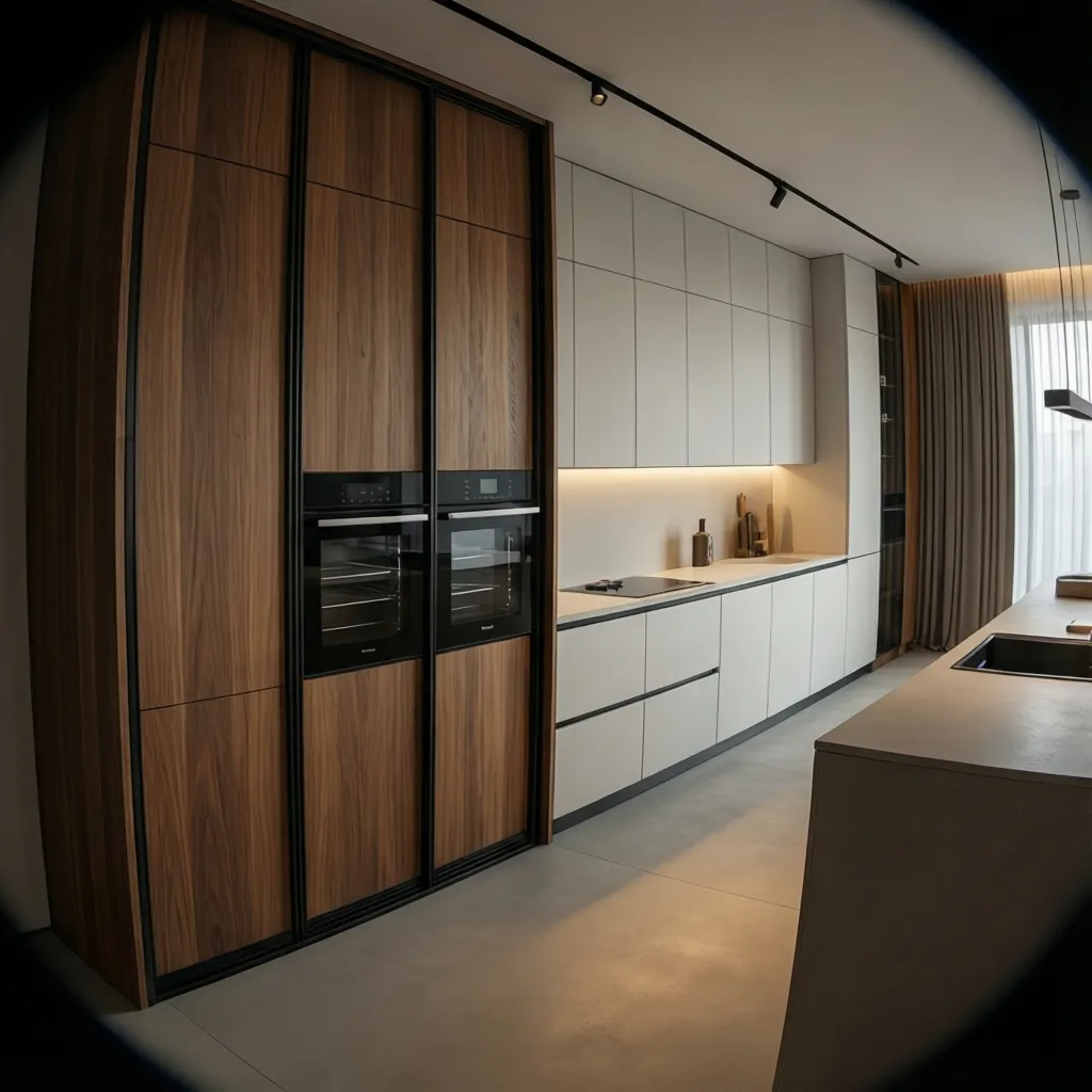 Contemporary kitchen with large sliding cabinet panels hiding appliances