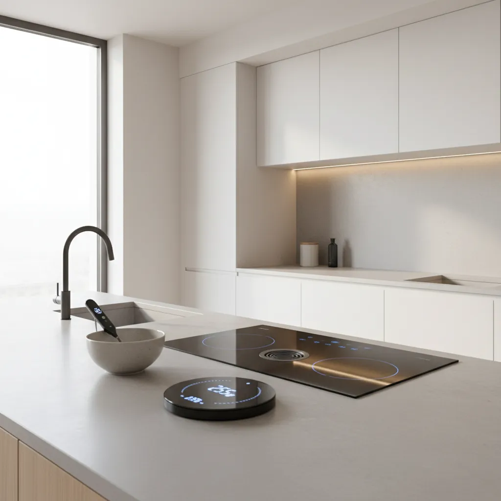 Modern kitchen countertop with smart kitchen gadgets and organized cooking tools