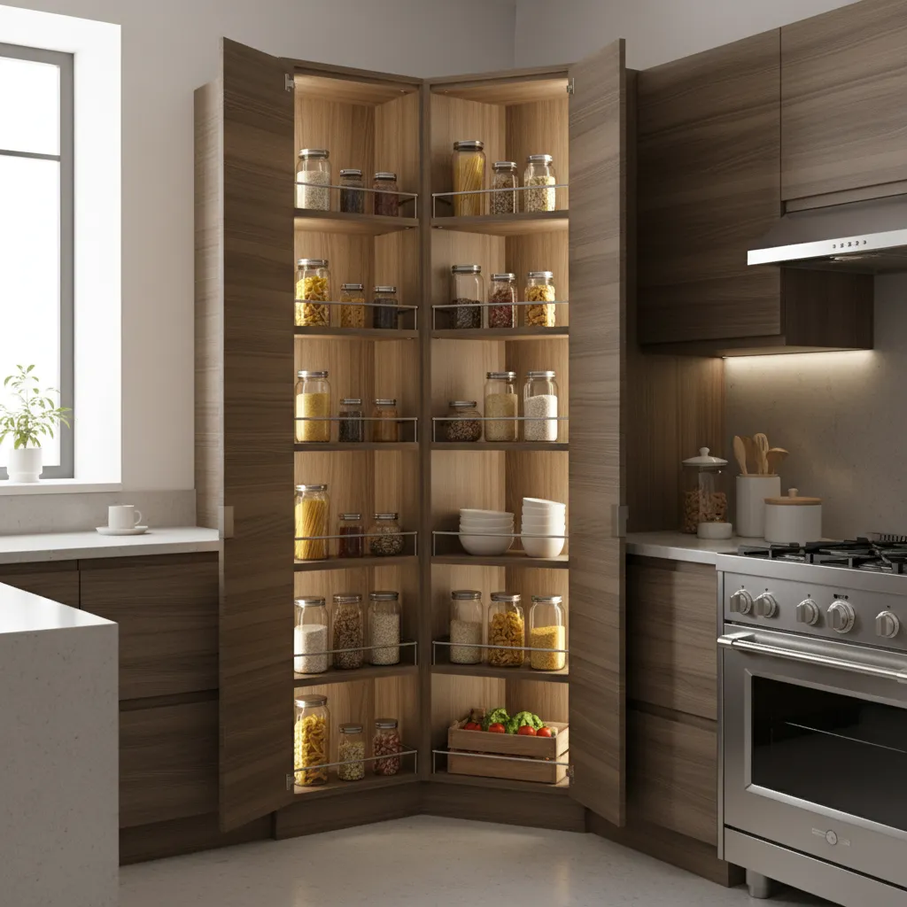 Open tall corner pantry cabinet with pull-out shelves in a modern kitchen