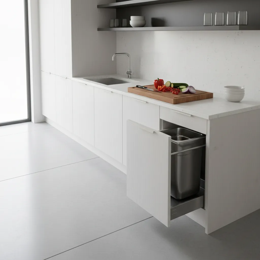 Modern kitchen showing trash can placed near food prep area