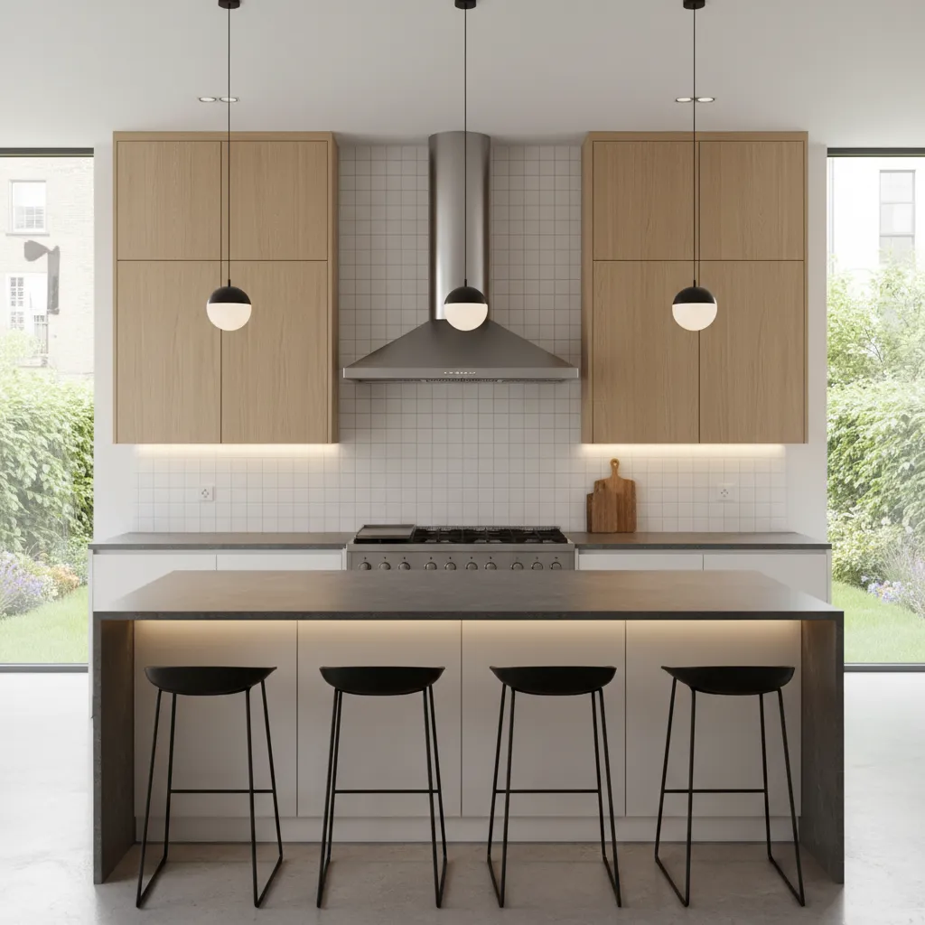Modern kitchen layout with effective range hood ventilation