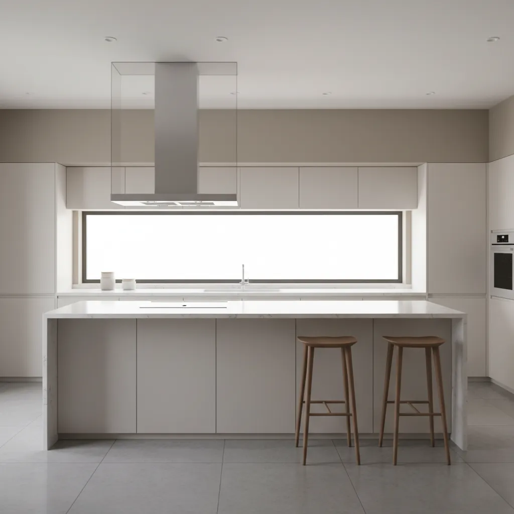 Contemporary kitchen with a wall mounted glass chimney hood