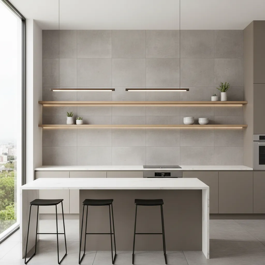 contemporary kitchen wall with large backsplash and open shelves