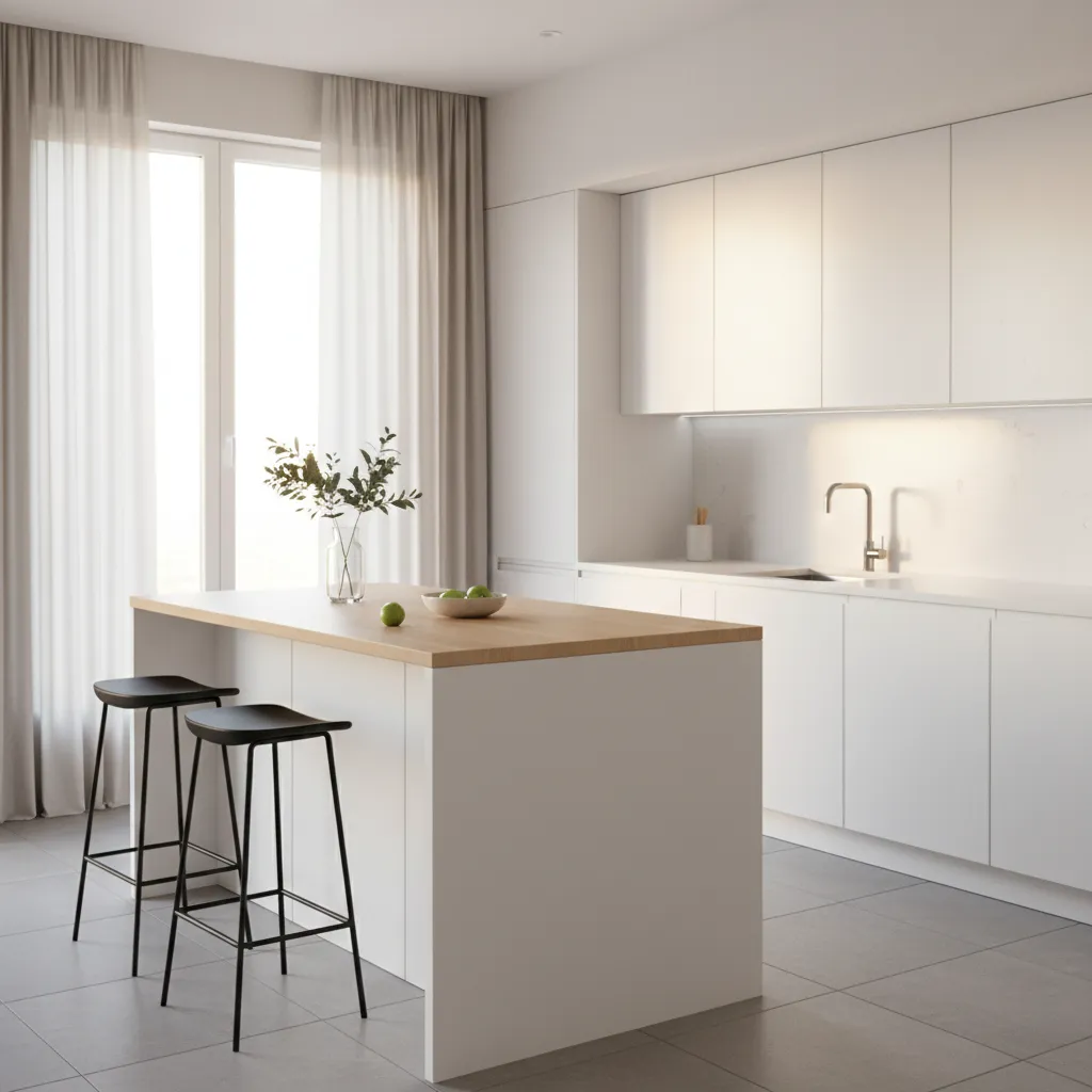 Bright kitchen window with simple neutral curtains and natural light