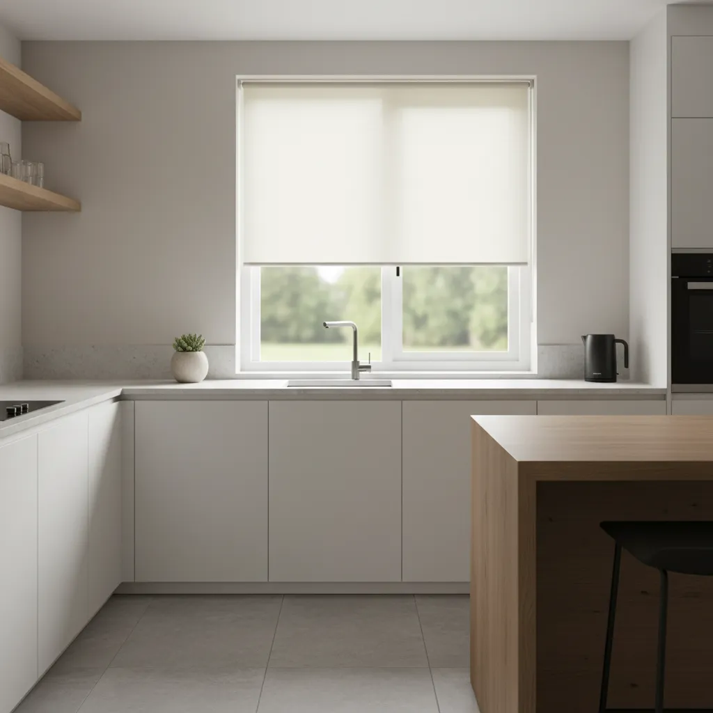 Ventana de cocina con estor enrollable moderno