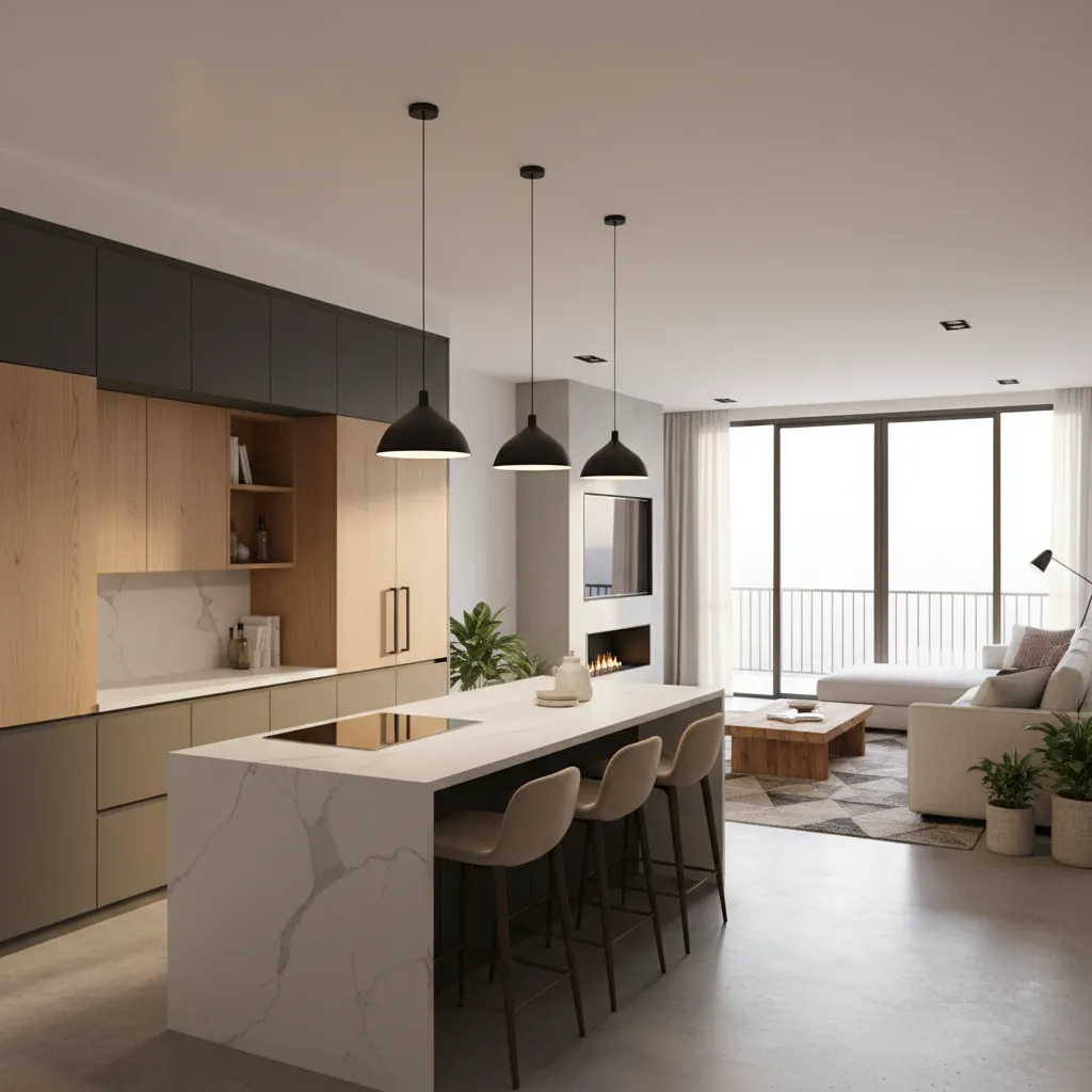 Cocina moderna con isla central en casa de una planta