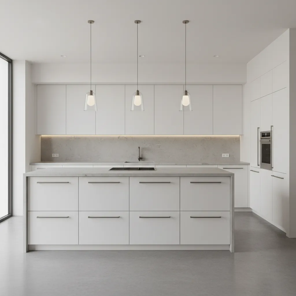 Modern kitchen cabinets with brushed stainless steel bar handles