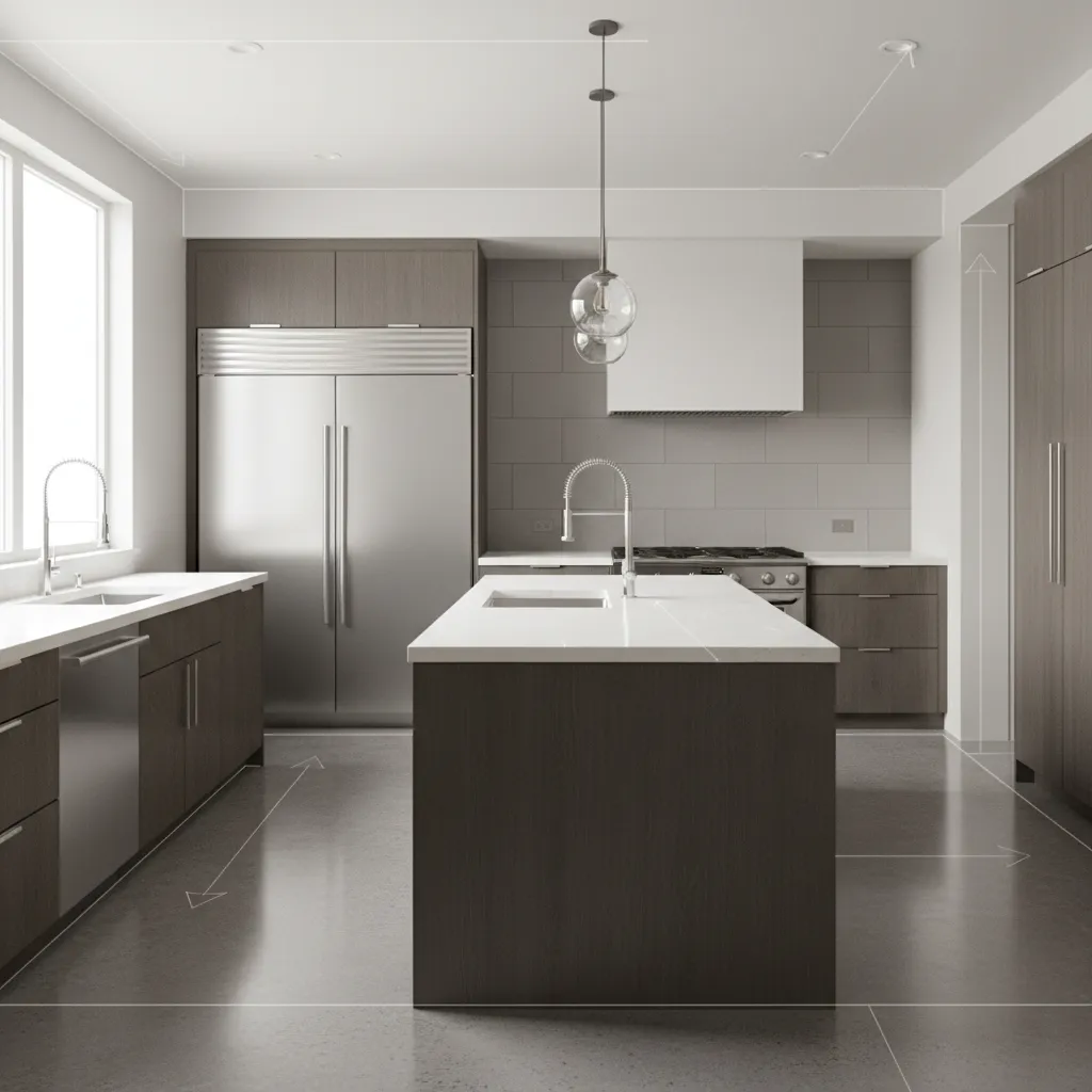 modern kitchen showing prep cooking and cleaning workflow zones