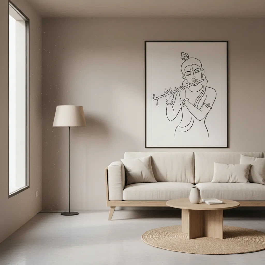 Minimalist living room with line art wall decor, beige sofa, floor lamp, and round rug