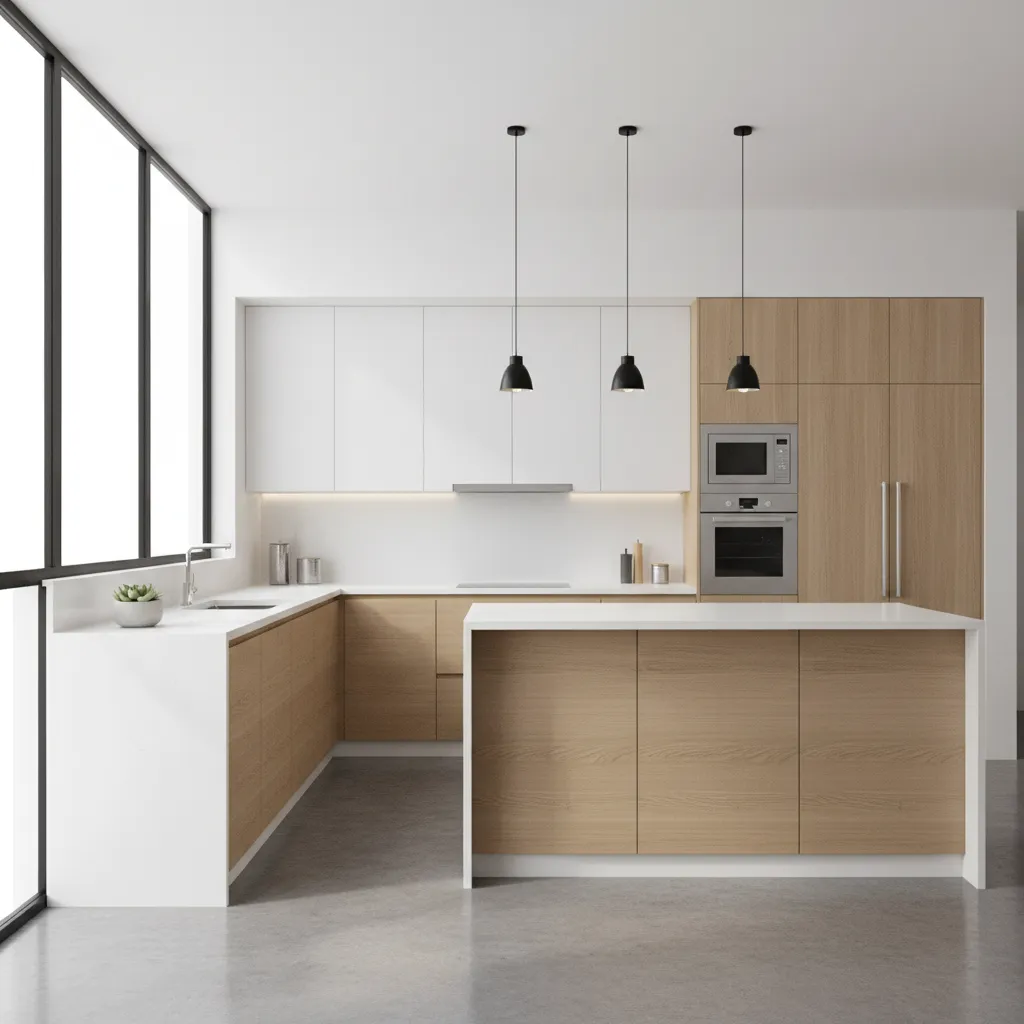 modern L shaped kitchen interior with clean cabinets and open layout