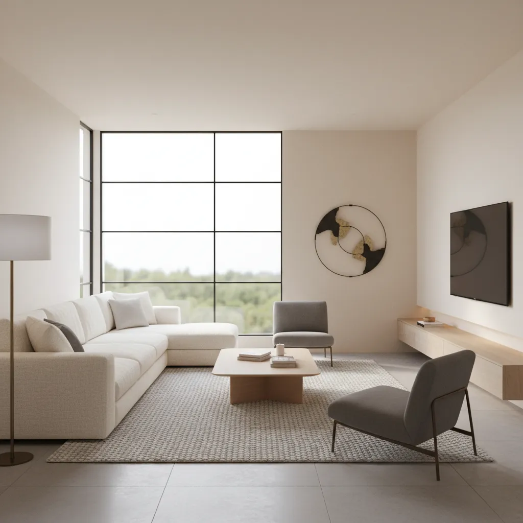 modern living room with neutral L shaped sectional sofa and coffee table
