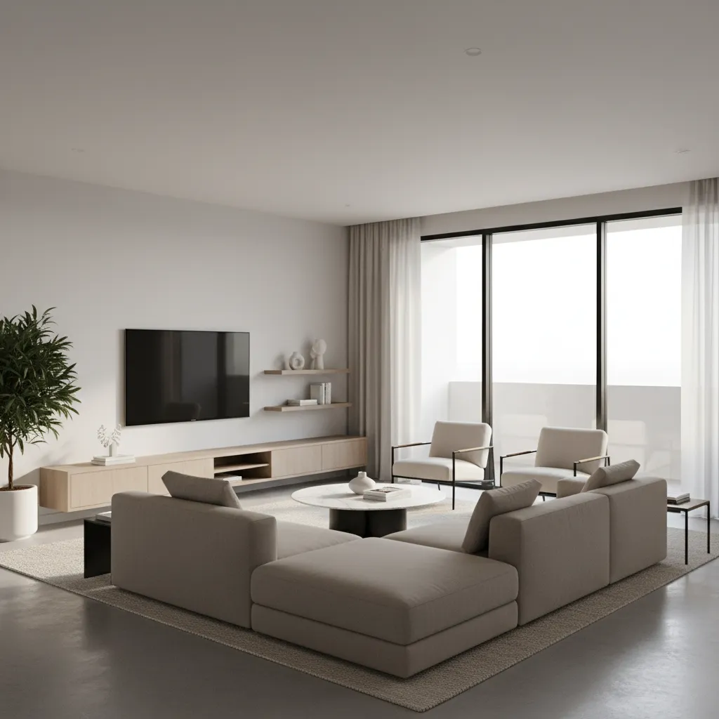 Contemporary drawing room with a modern L shape sectional sofa and open layout