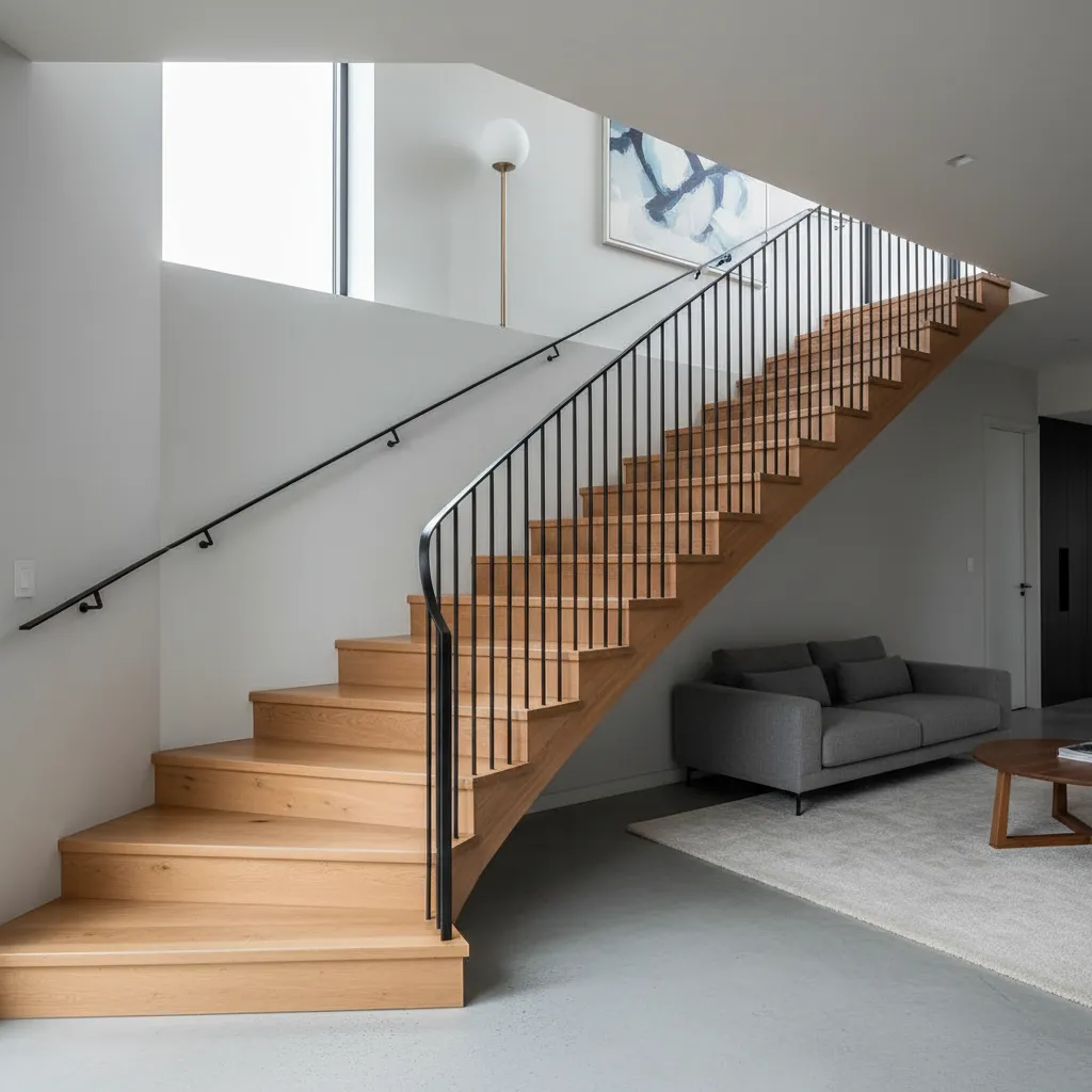 Escalera moderna en forma de L con madera y metal