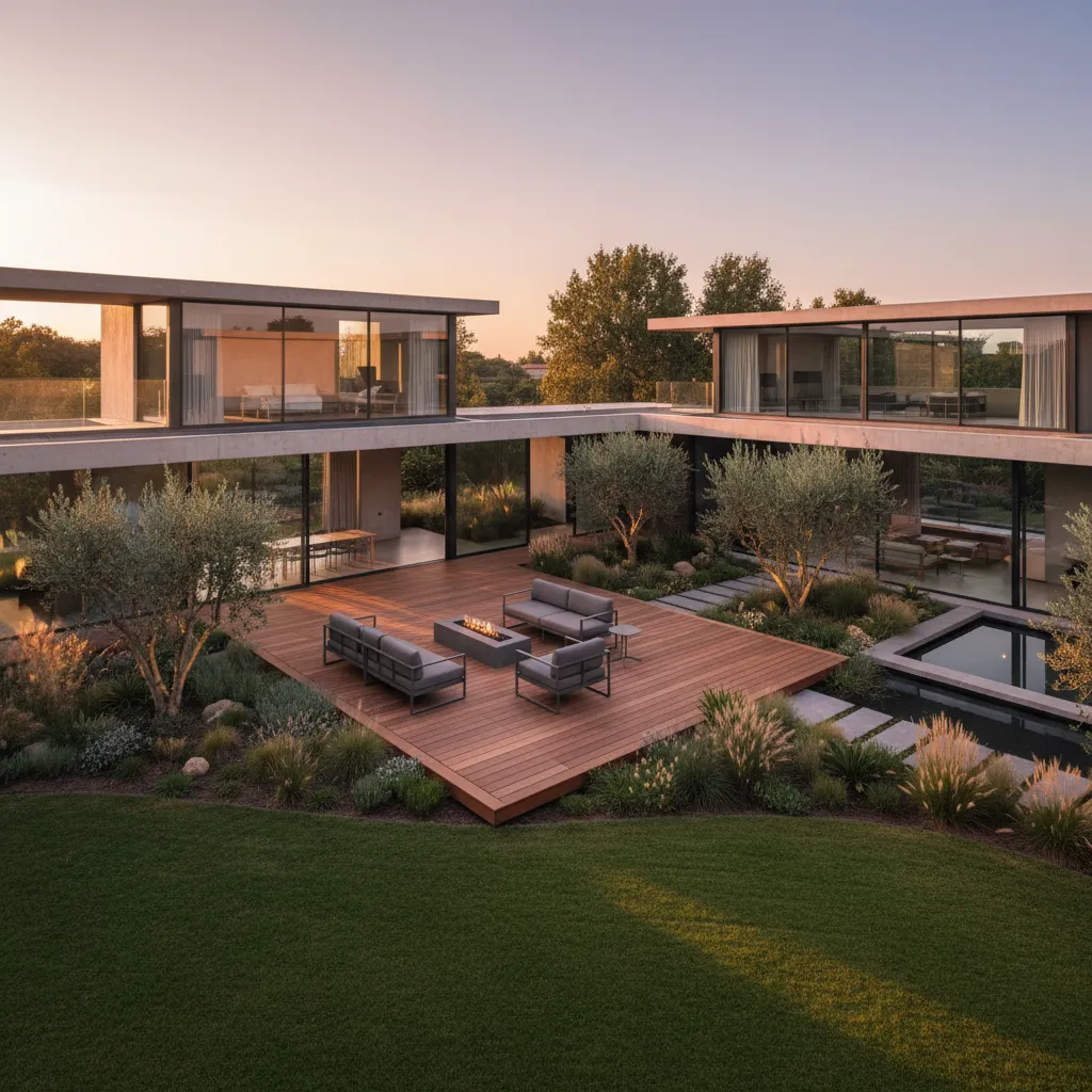 Vista del jardín interior de una casa moderna en forma de L