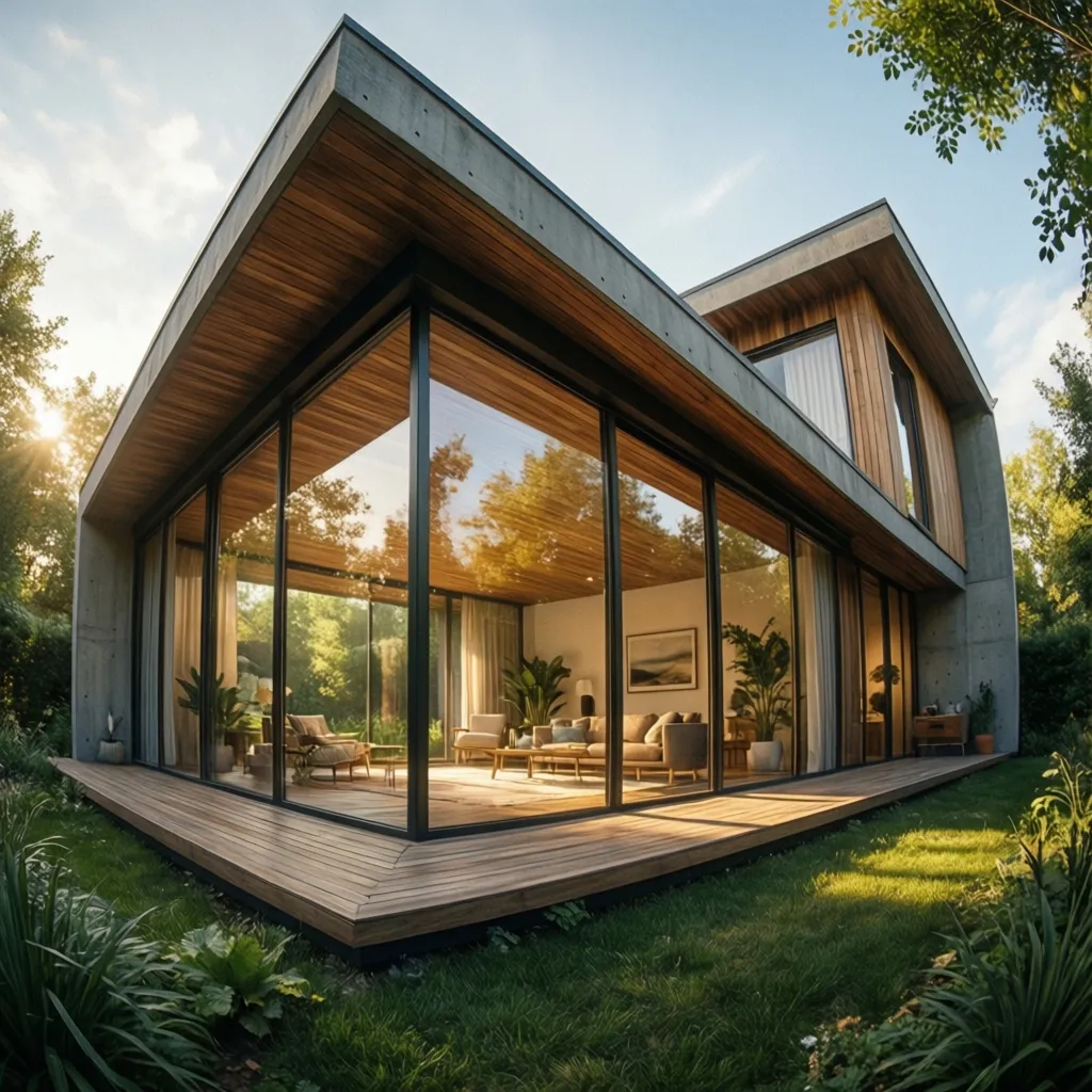 Modern house with wooden ceiling and living room interior visible through large clear glass windows