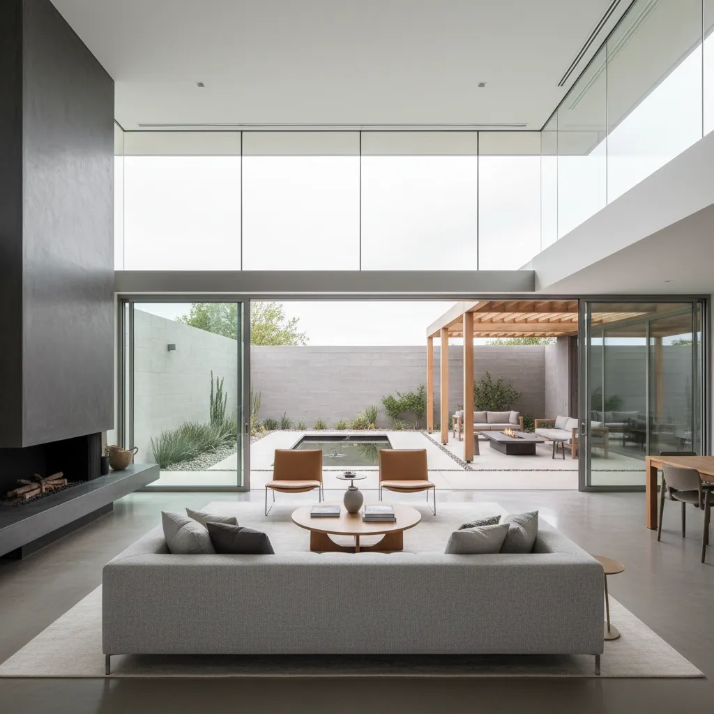 Salón con ventanales abiertos hacia patio interior de casa en L