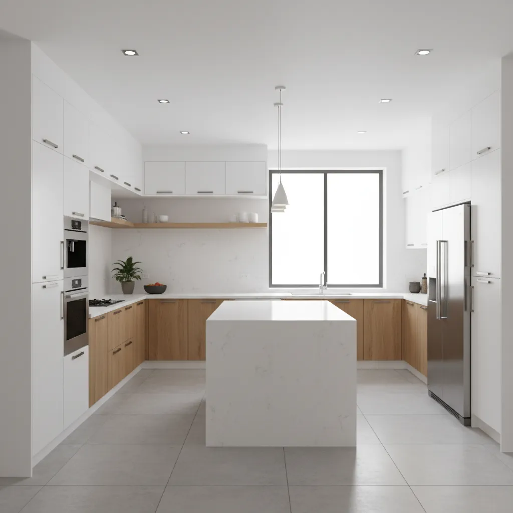 example of a modern L shaped kitchen with open floor layout